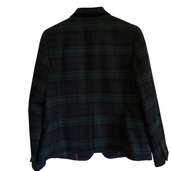 Talbots Black Watch Velvet Trim Plaid Blue & Green Holiday Wool Blend Blazer 12 - Picture 6 of 10